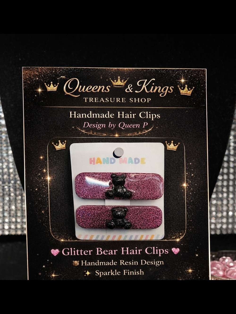 Queens & Kings Glitter Bear Hair Clips - Pink Glitter